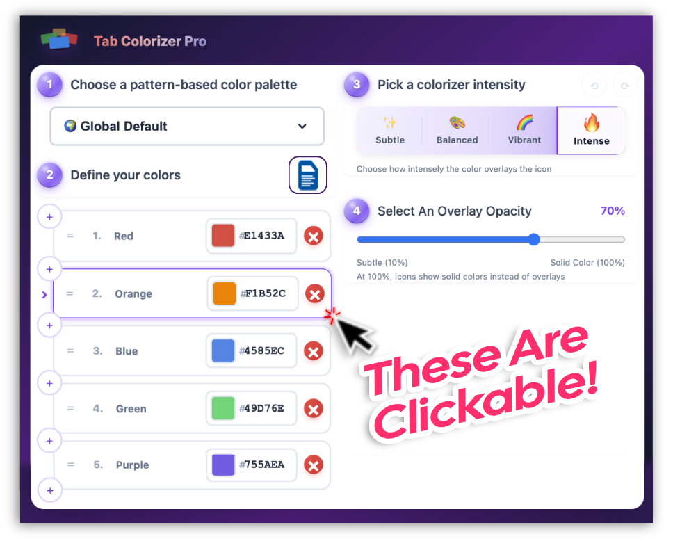 Tab Colorizer Pro extension popup showing clickable elements for color selection
