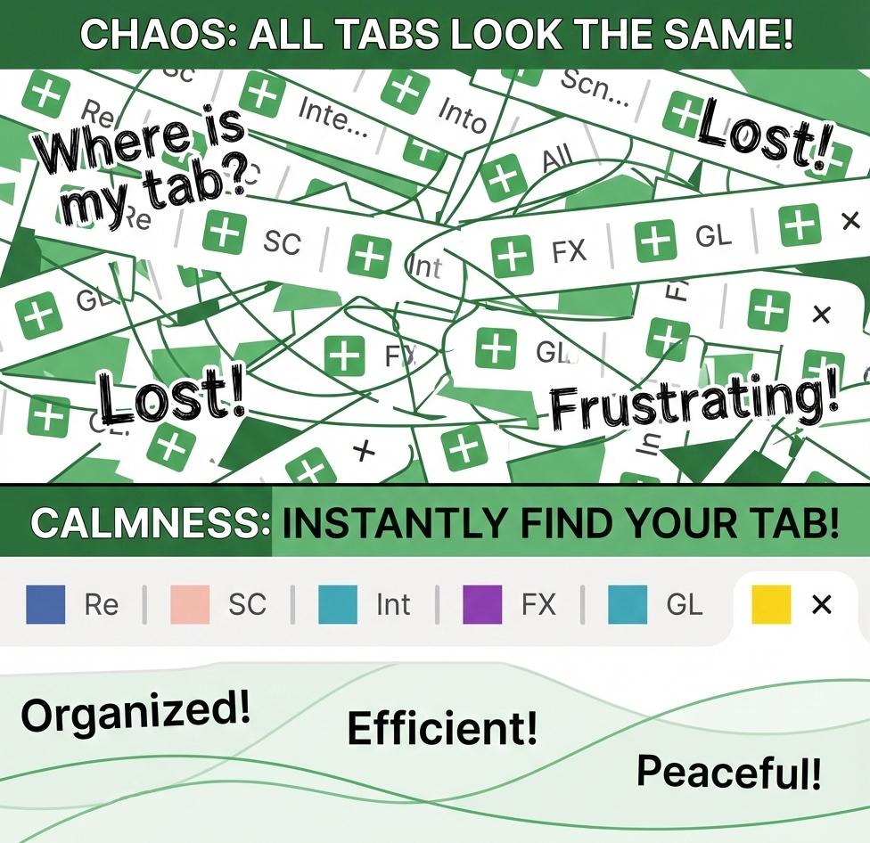 Visually organized Chrome tabs using color cues without closing tabs